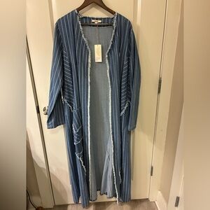 Denim Pinstripe Fringe Open Front Duster
